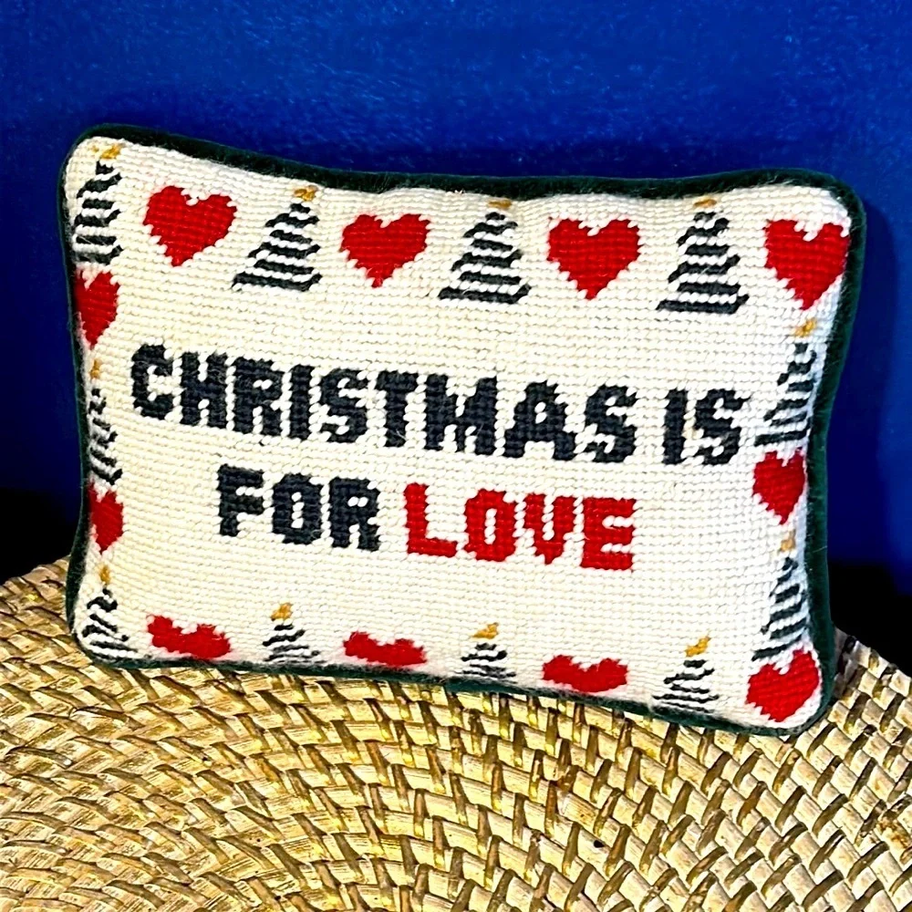 Needlepoint Handmade “Christmas is for Love Small Green Velvet Backed Pillow